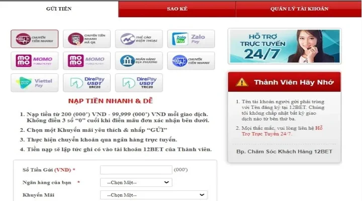 Hướng dẫn nạp tiền tại nhà cái 12bet đơn giản